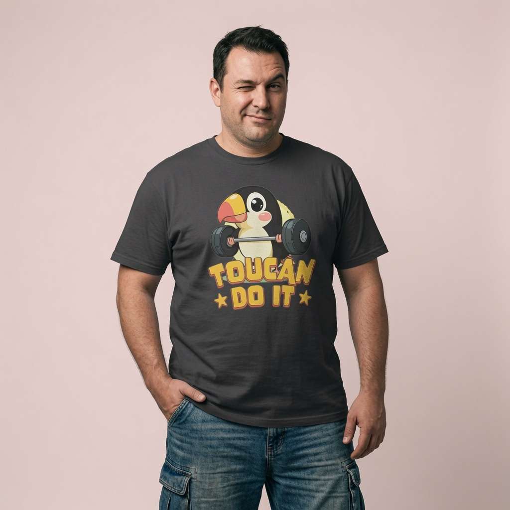 Man winking with one hand in his pocket while wearing a black Toucan Do It t-shirt, funny mens bird pun shirt full of pure attitude
