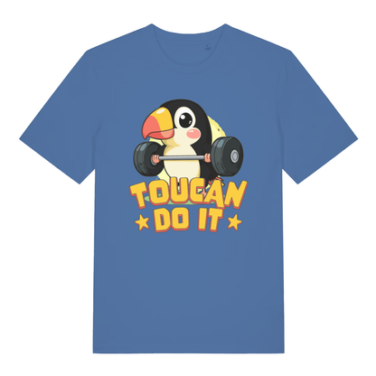 Bright blue Toucan Do It men’s funny graphic t-shirt featuring witty animal pun print  