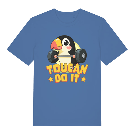Bright blue Toucan Do It men’s funny graphic t-shirt featuring witty animal pun print  