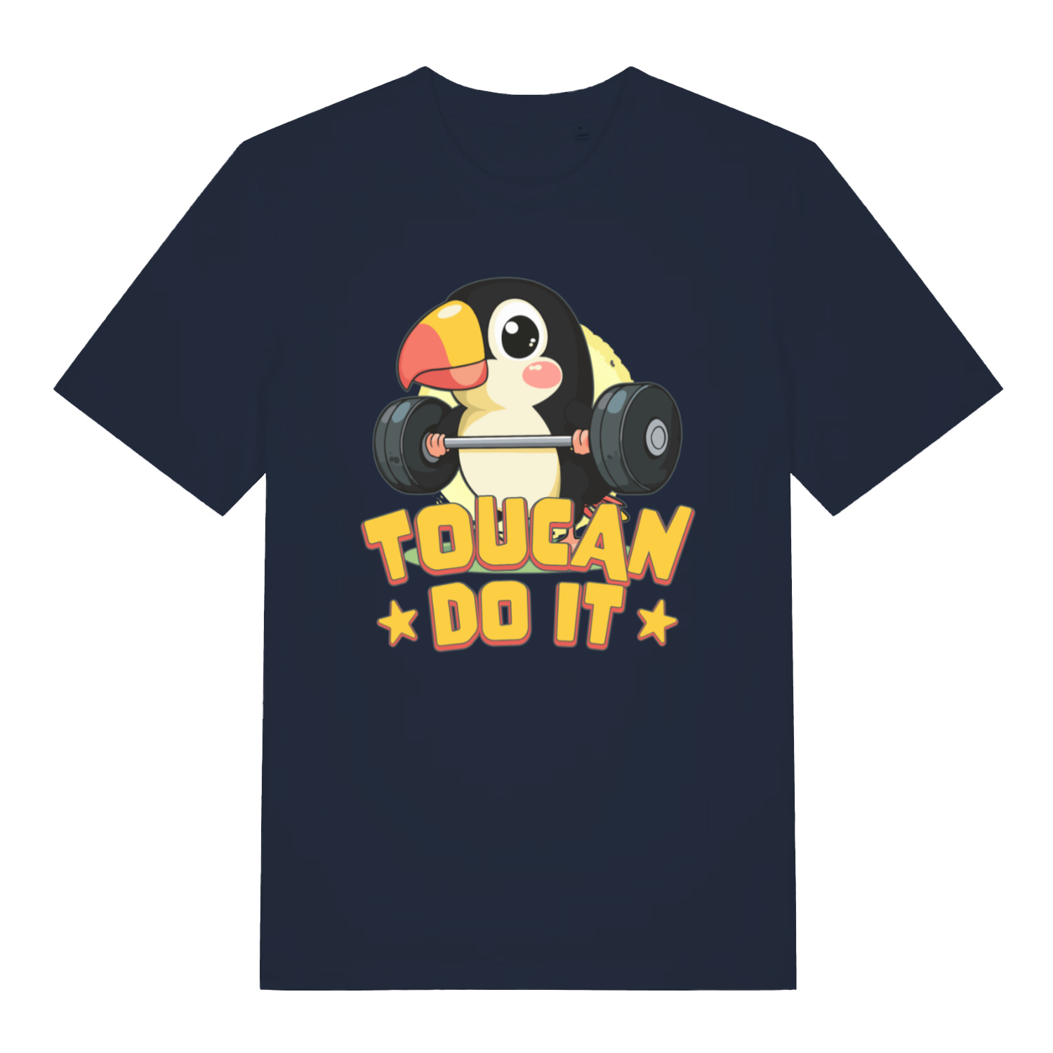 Navy Toucan Do It men’s funny graphic t-shirt showing classic toucan powerlifting design  