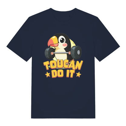 Navy Toucan Do It men’s funny graphic t-shirt showing classic toucan powerlifting design  