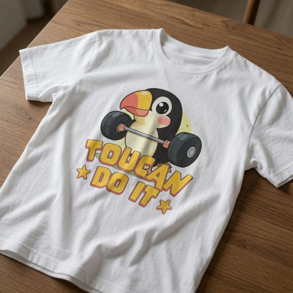 White Toucan Do It t-shirt laid flat on a wooden surface featuring a cartoon toucan lifting weights, funny witty and cheeky mens animal pun design