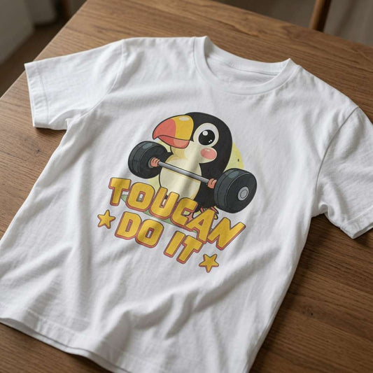 White Toucan Do It t-shirt laid flat on a wooden surface featuring a cartoon toucan lifting weights, funny witty and cheeky mens animal pun design