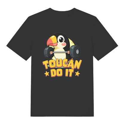 Black Toucan Do It women’s funny graphic t-shirt with classic cartoon toucan lifting design  