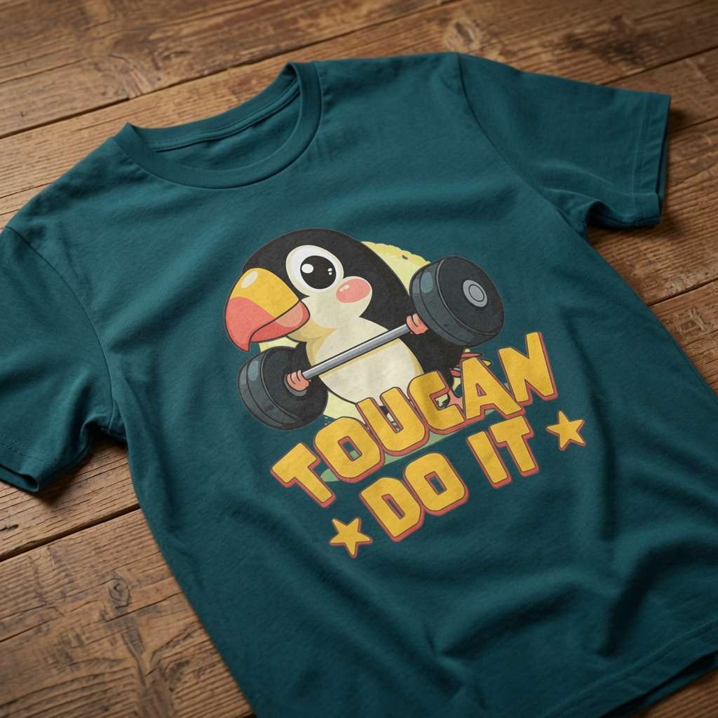 Green Toucan Do It t-shirt laid flat on a wooden surface showing the full toucan weightlifting graphic, funny and witty bird pun girls design