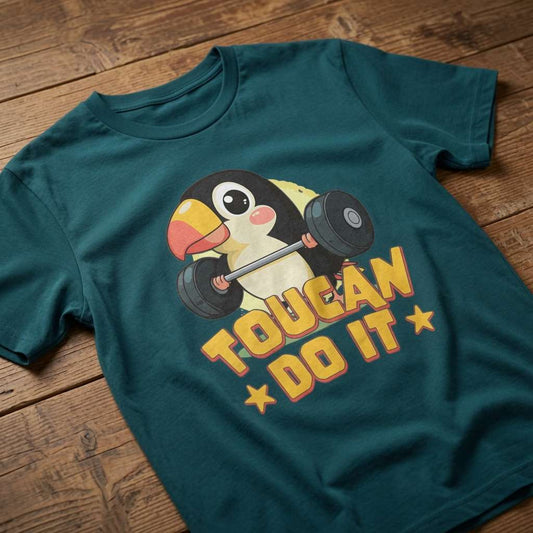 Green Toucan Do It t-shirt laid flat on a wooden surface showing the full toucan weightlifting graphic, funny and witty bird pun girls design