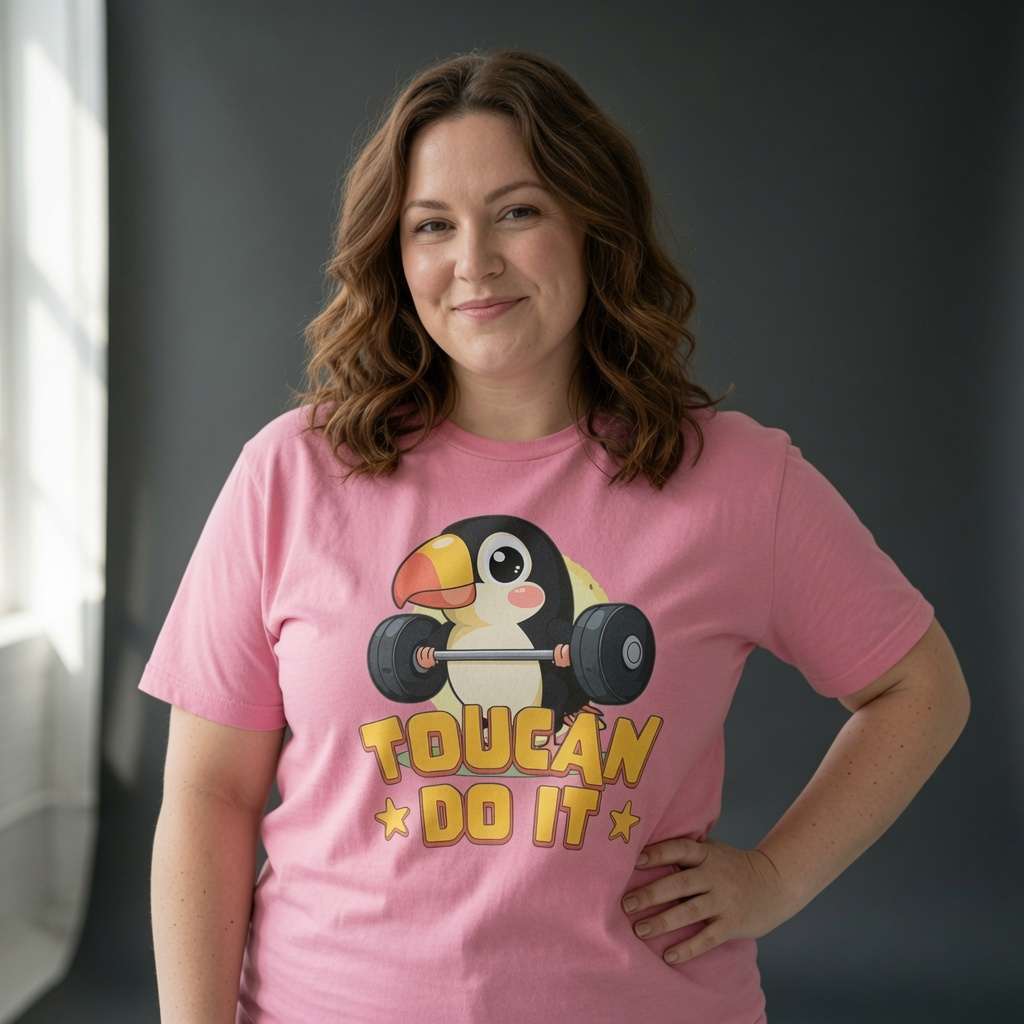 Woman smiling with one hand on her hip while wearing a pink Toucan Do It t-shirt featuring a cartoon toucan lifting weights, cheeky pun and motivational bird ladies shirt