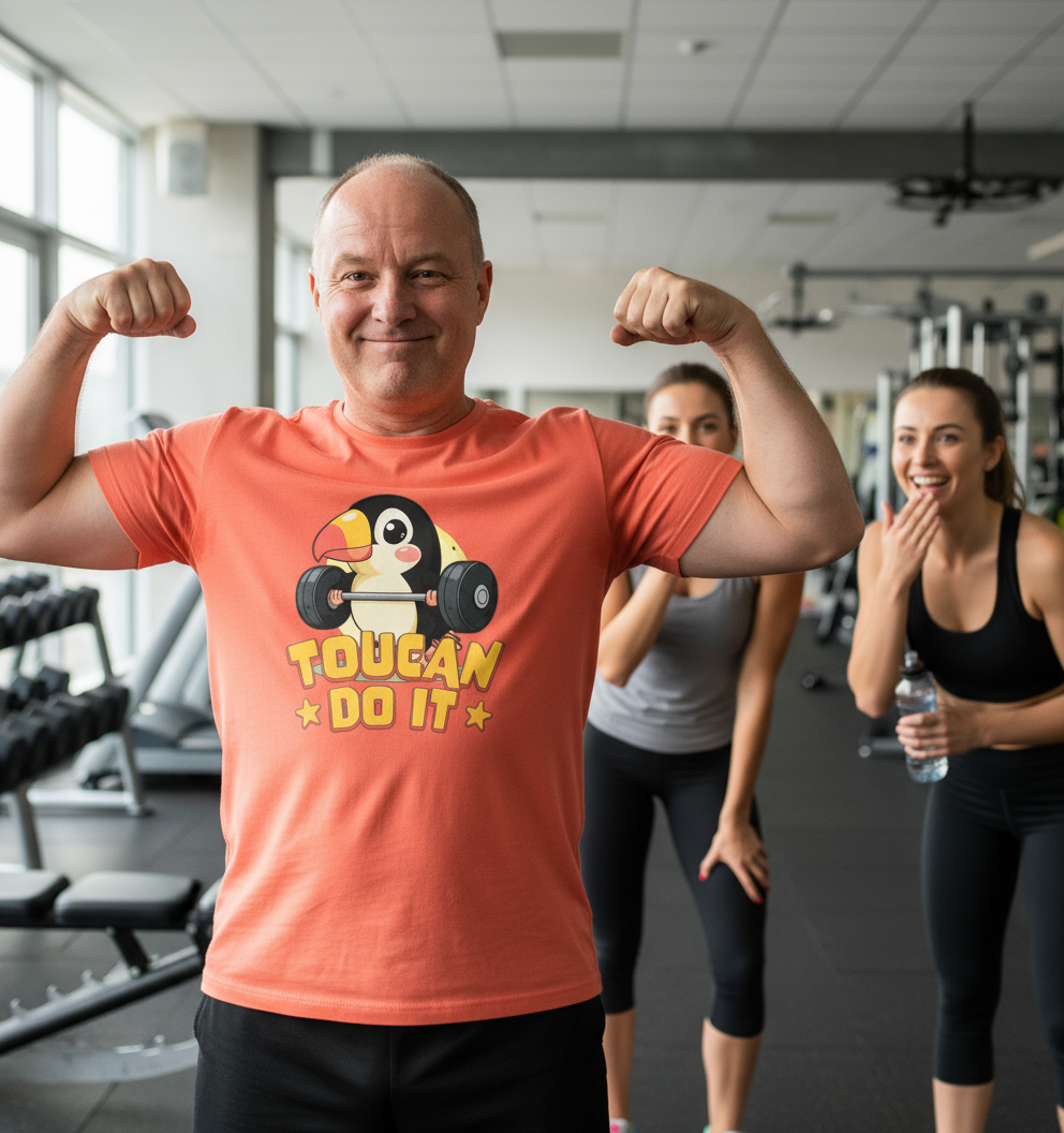 Man flexing muscles in a gym wearing an orange funny graphic t-shirt with a cartoon penguin design.