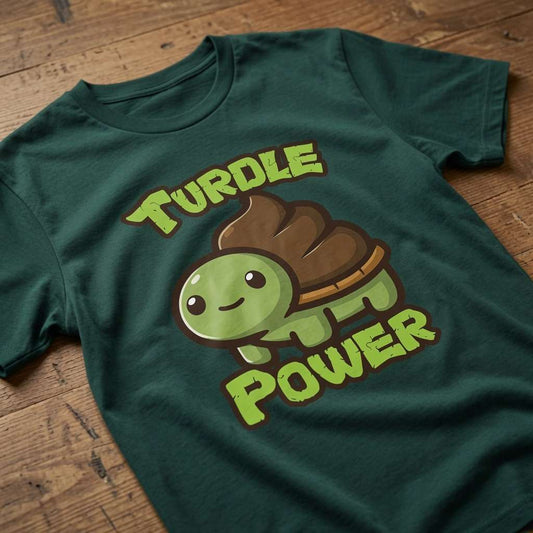 Glazed green Turdle Power t-shirt laid flat on a wooden surface featuring a cartoon turtle with a poop shell, funny and witty mens kawaii animal design
