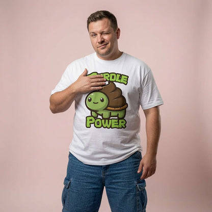 Man winking with one hand on the graphic while wearing a white Turdle Power t-shirt, funny and cheeky mens animal pun design that every cheeky lad will claim