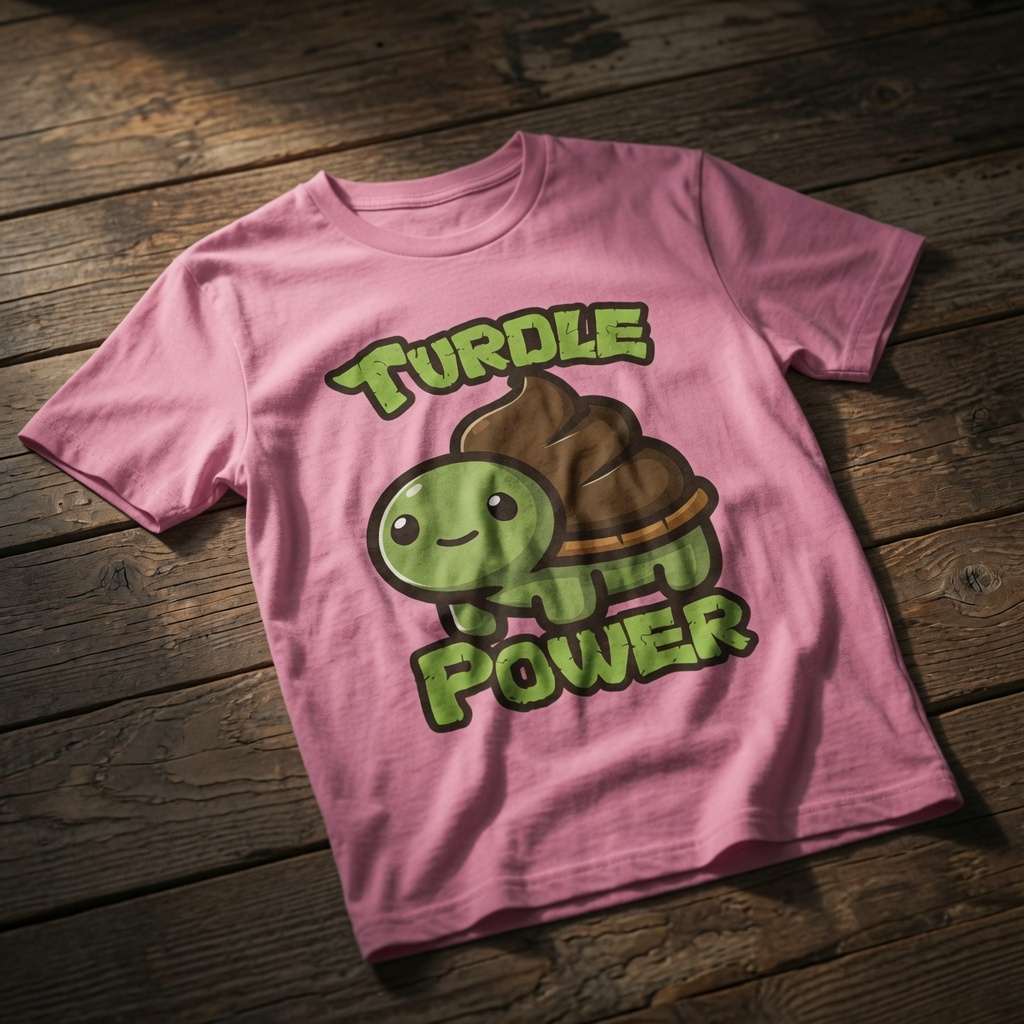 Pink Turdle Power t-shirt laid flat on a wooden surface showing the full cartoon turtle graphic, fun ladies kawaii turtle design that every no-nonsense lady will claim