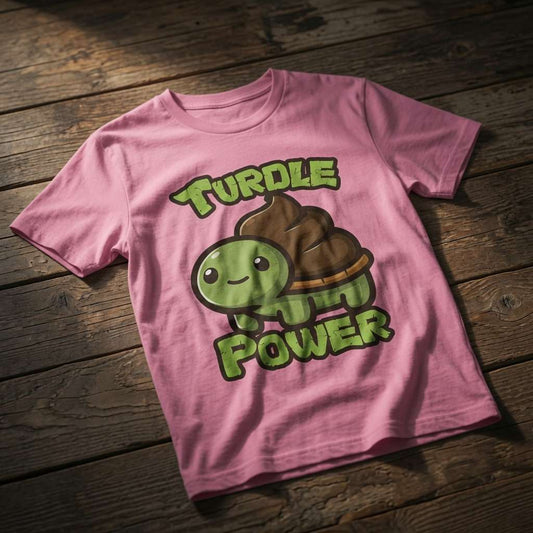 Pink Turdle Power t-shirt laid flat on a wooden surface showing the full cartoon turtle graphic, fun ladies kawaii turtle design that every no-nonsense lady will claim