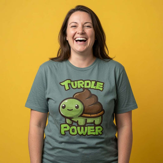 Woman laughing while wearing a green bay Turdle Power t-shirt, humorous ladies kawaii turtle design full of pure attitude