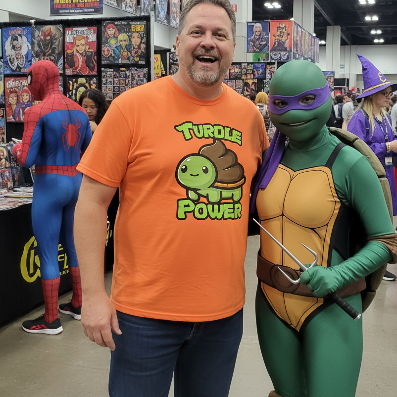 Man wearing an orange 'Turtle Power' funny kawaii shirt standing next to a person in a green turtle costume at a comic book convention.