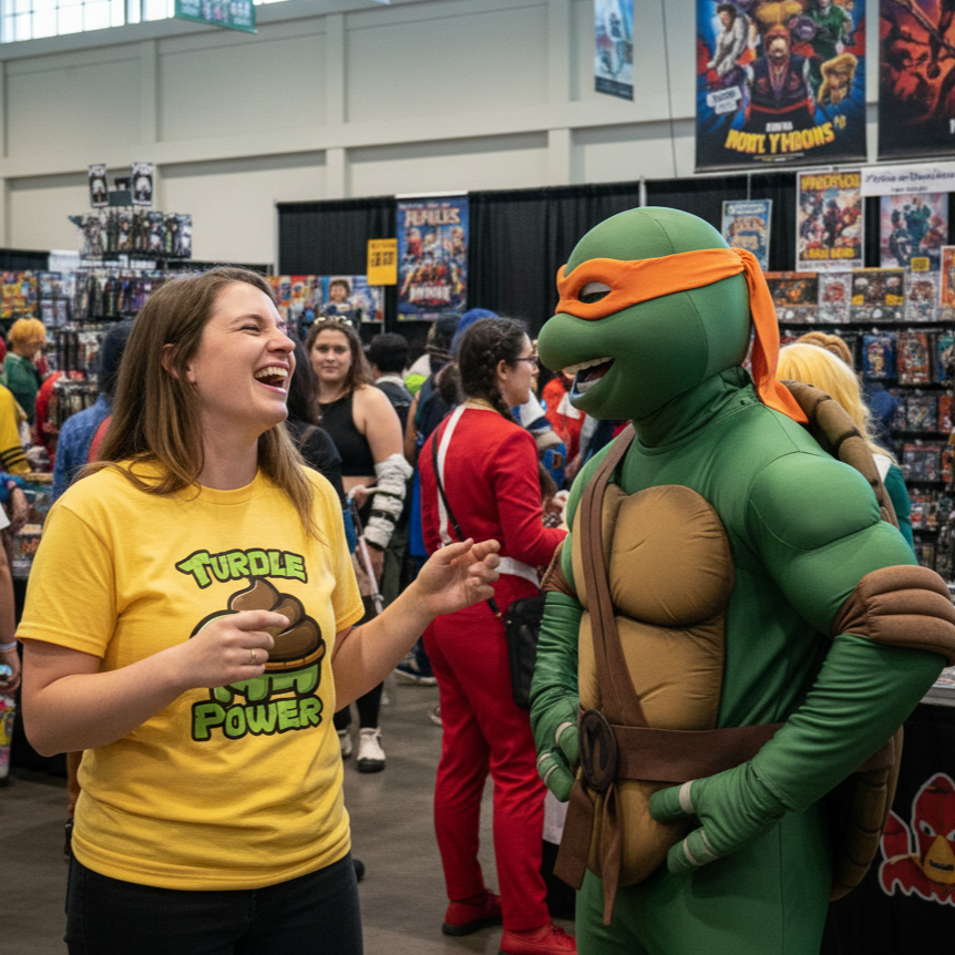 A woman in a "Turdle Power" shirt laughs with a person dressed as a Ninja Turtle at a comic convention. Background features colorful posters and a bustling crowd.