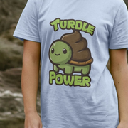 funny kawaii T-shirt with a cartoon turtle and 'Turdle Power' slogan on a light blue background