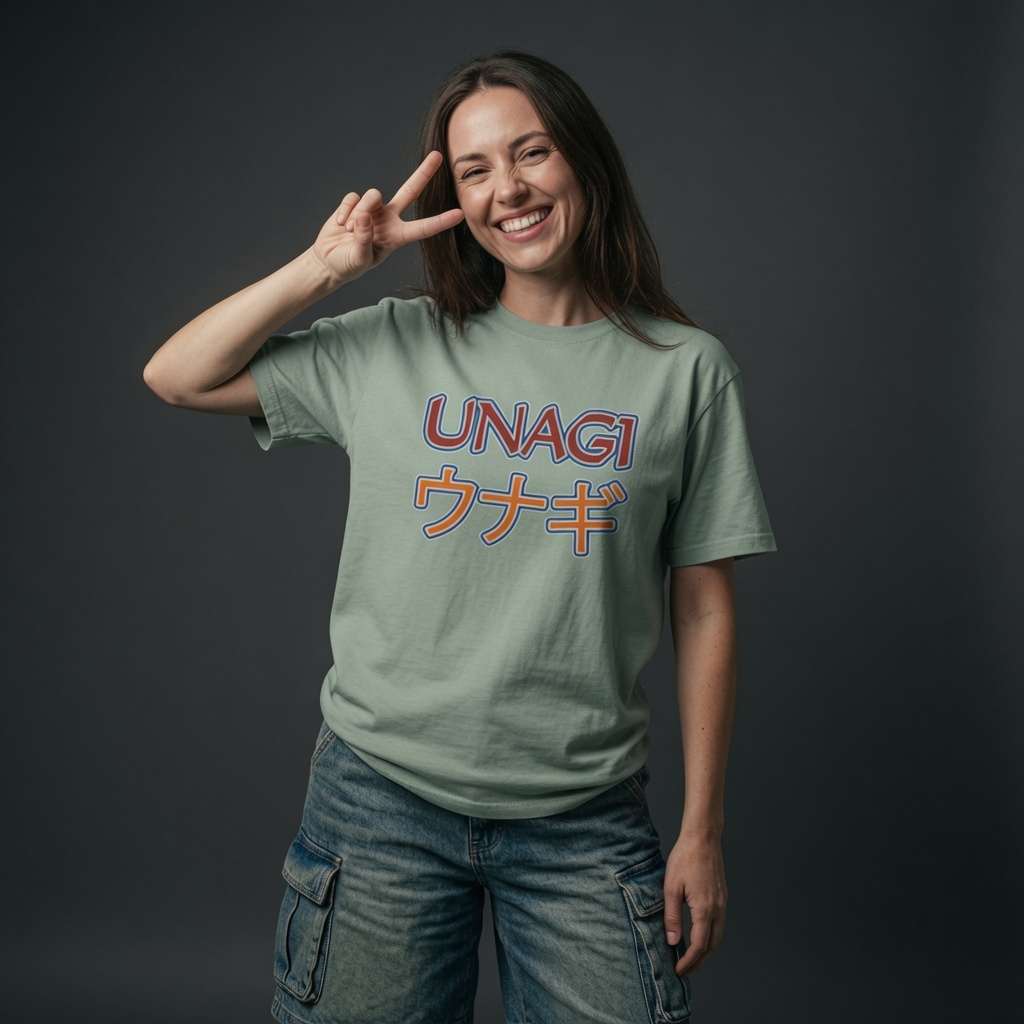 Woman laughing and making a peace sign in an aloe Unagi t-shirt, funny ladies total state of awareness design full of pure attitude
