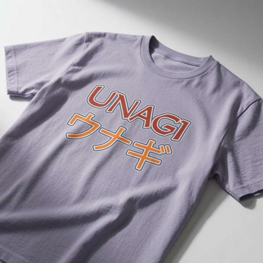 Lavender Unagi t-shirt laid flat showing the full English and Japanese text graphic, funny total state of awareness eel design that every no-nonsense lady will claim