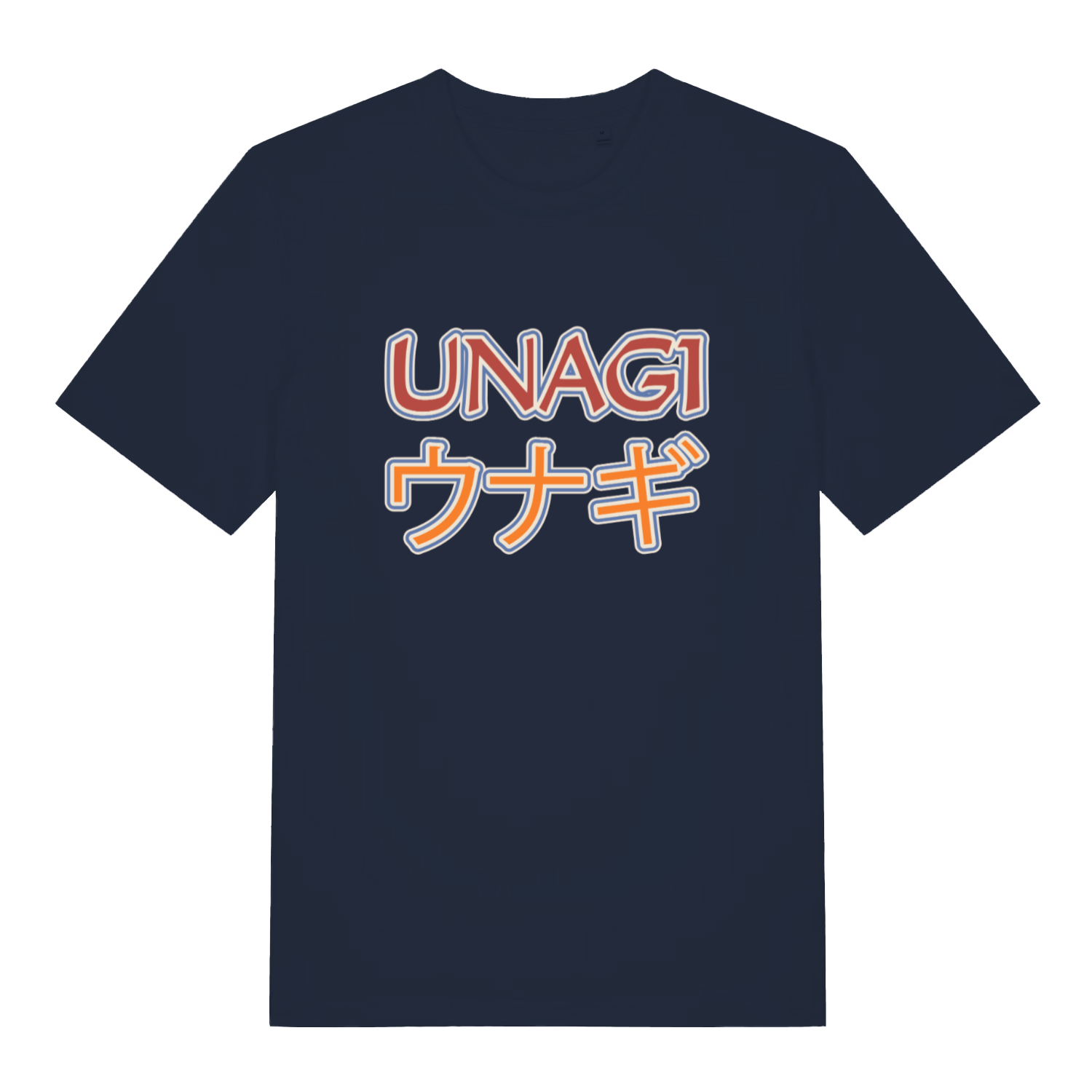 Navy Unagi women’s funny slogan t-shirt showing classic total state of awareness design  