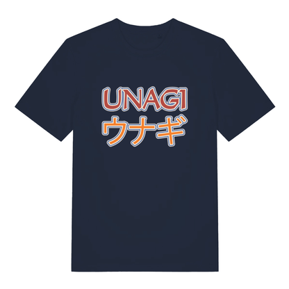 Navy Unagi women’s funny slogan t-shirt showing classic total state of awareness design  