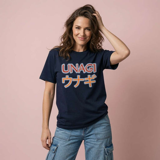 Woman smiling with one hand in her hair while wearing a navy Unagi t-shirt featuring English and Japanese text, witty total state of awareness eel ladies design