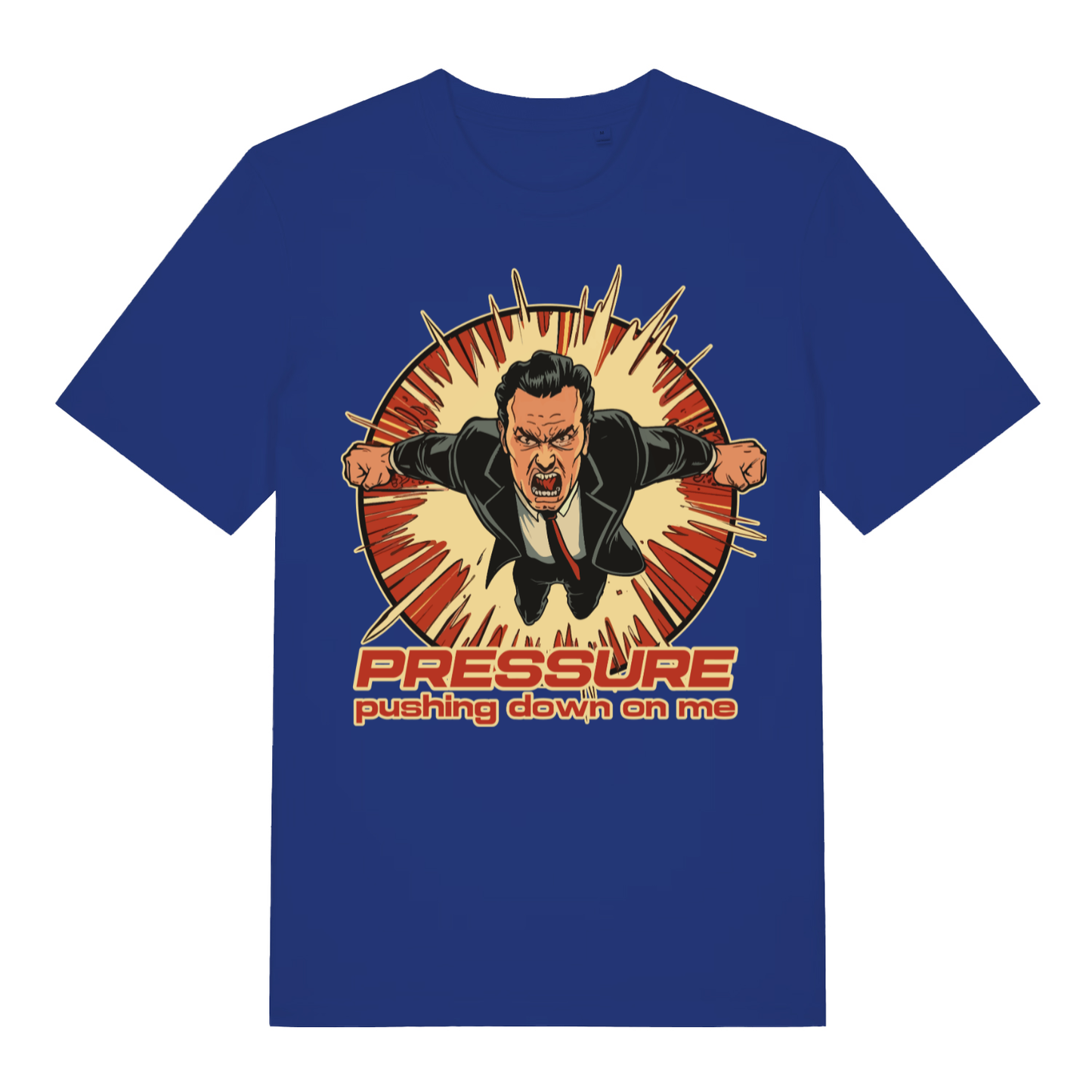 Blue Under Pressure men’s funny graphic t-shirt featuring witty music-inspired stress print  