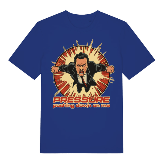 Blue Under Pressure men’s funny graphic t-shirt featuring witty music-inspired stress print  