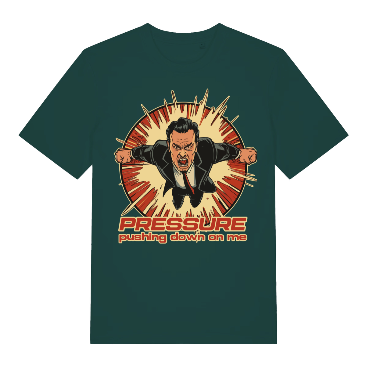 Green Under Pressure men’s funny graphic t-shirt with bold pressure pushing down graphic  
