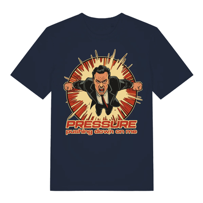 Navy Under Pressure men’s funny graphic t-shirt showing classic stressed man explosion design  