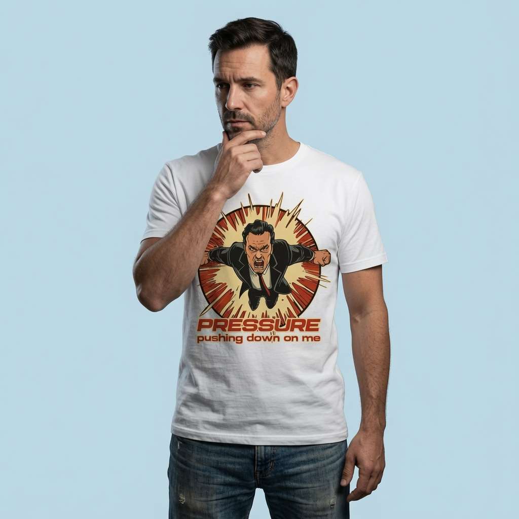 Man with one hand on his chin while wearing a white Under Pressure t-shirt featuring a stressed cartoon businessman graphic, unofficial music-inspired design