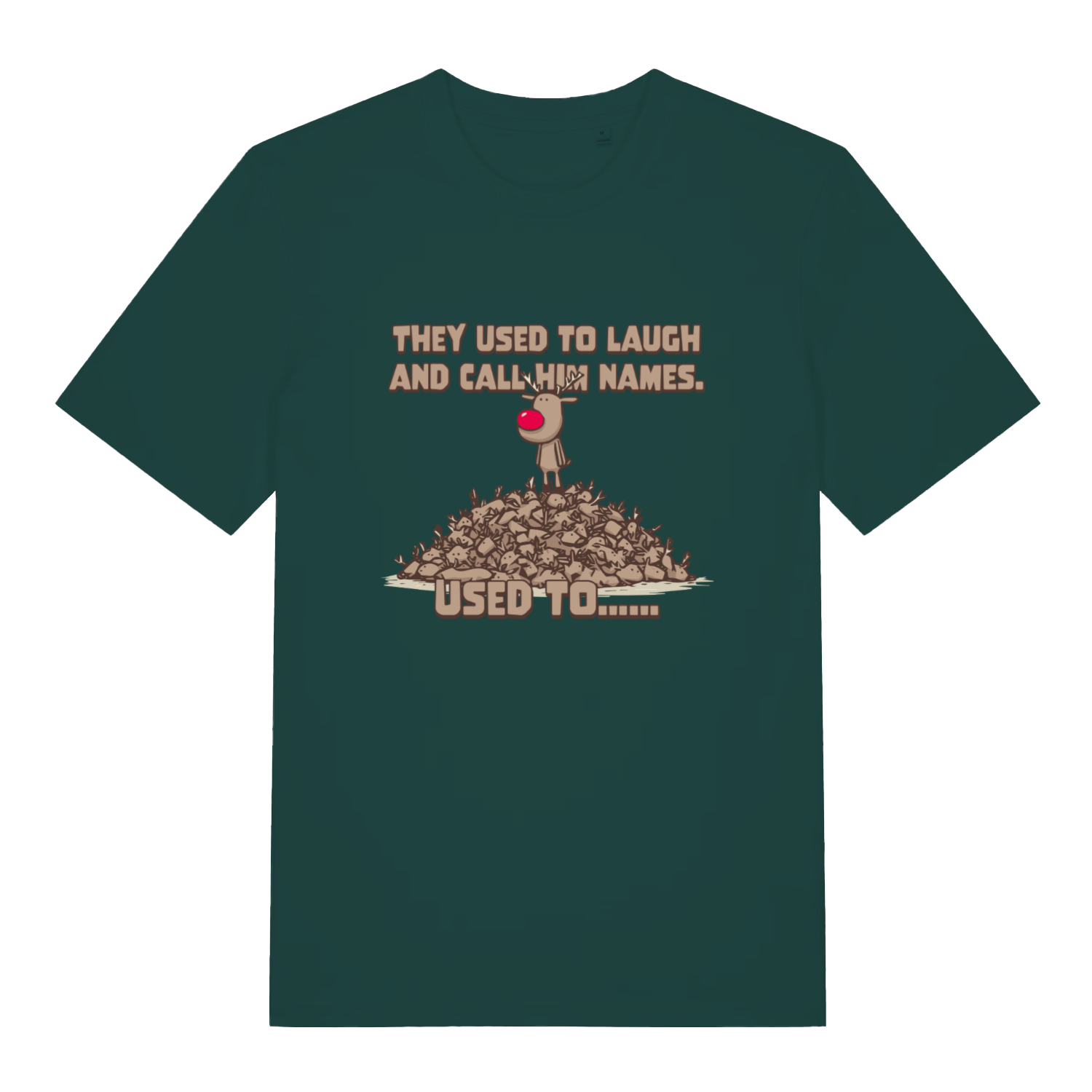 Dark green Used To Laugh men’s funny Christmas t-shirt with classic Rudolph pile of reindeer design  