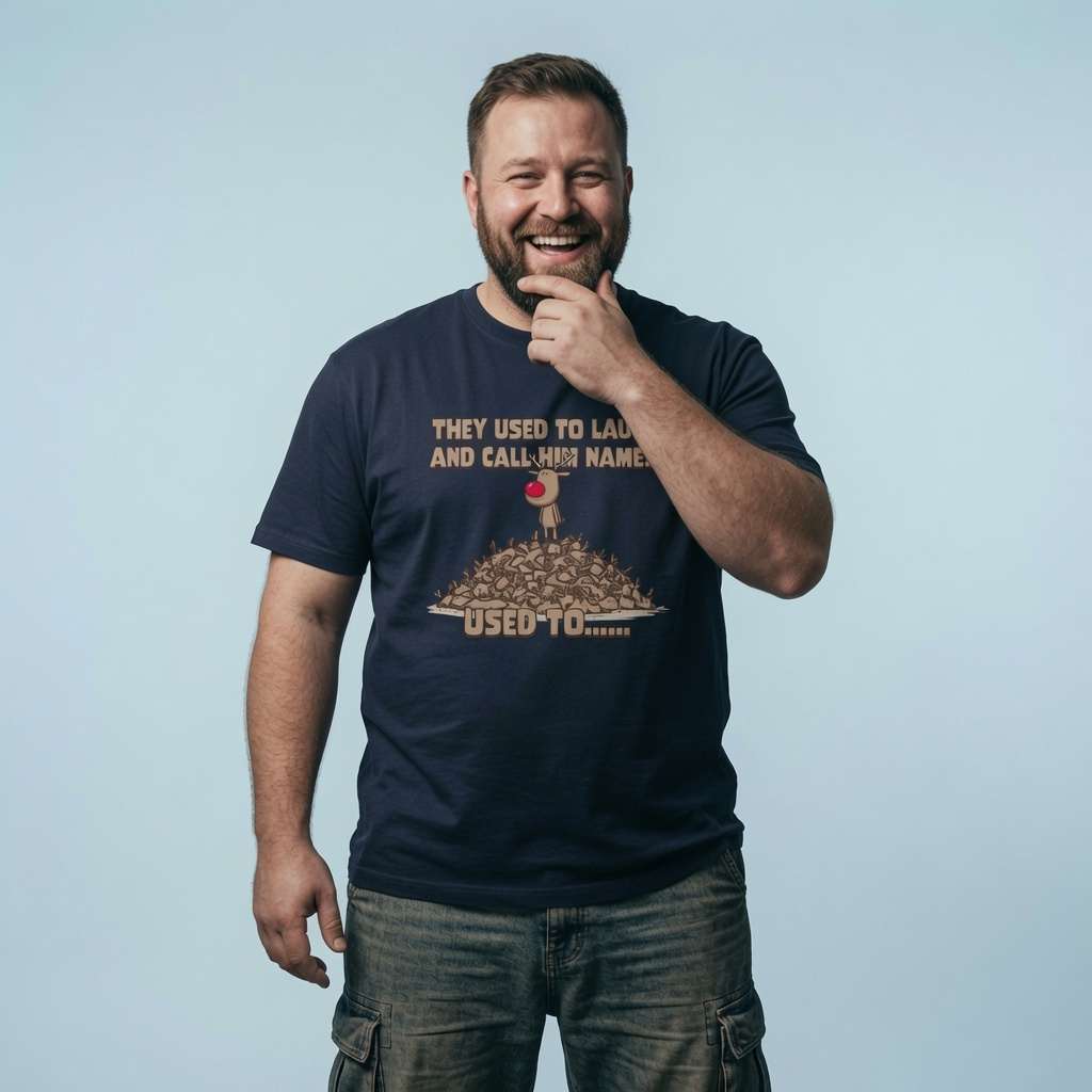 Man laughing with one hand on his chin while wearing a navy They Used to Laugh and Call Him Names t-shirt featuring Rudolph on a pile of antlers, funny mens dark Rudolph design