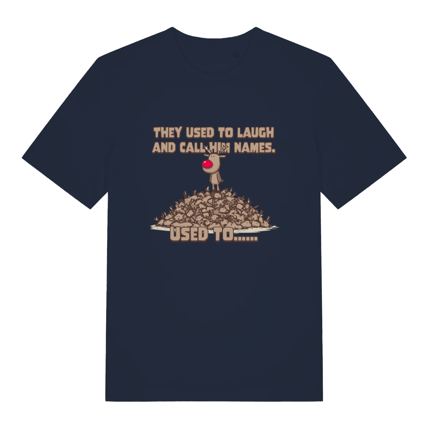 Navy Used To Laugh men’s funny Christmas t-shirt featuring witty dark festive Rudolph print  