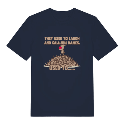 Navy Used To Laugh men’s funny Christmas t-shirt featuring witty dark festive Rudolph print  