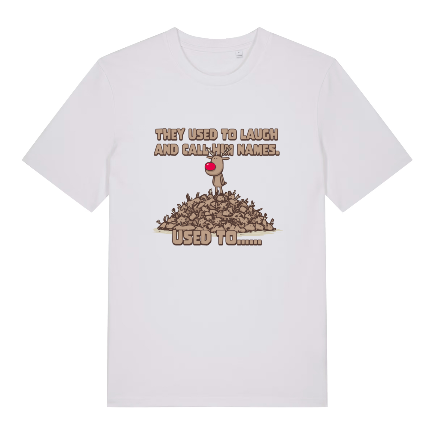 White Used To Laugh men’s funny Christmas t-shirt showing classic Rudolph standing on reindeer pile design  