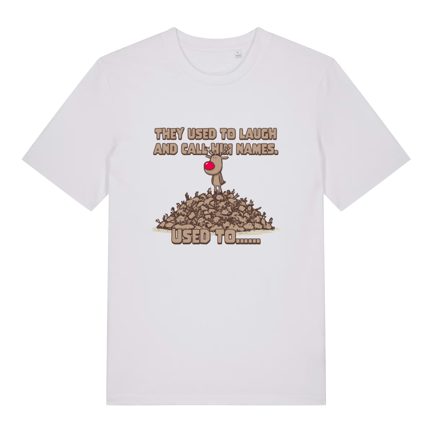 White Used To Laugh men’s funny Christmas t-shirt showing classic Rudolph standing on reindeer pile design  