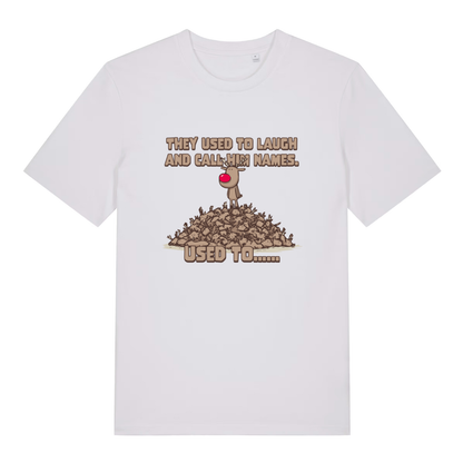 White Used To Laugh men’s funny Christmas t-shirt showing classic Rudolph standing on reindeer pile design  