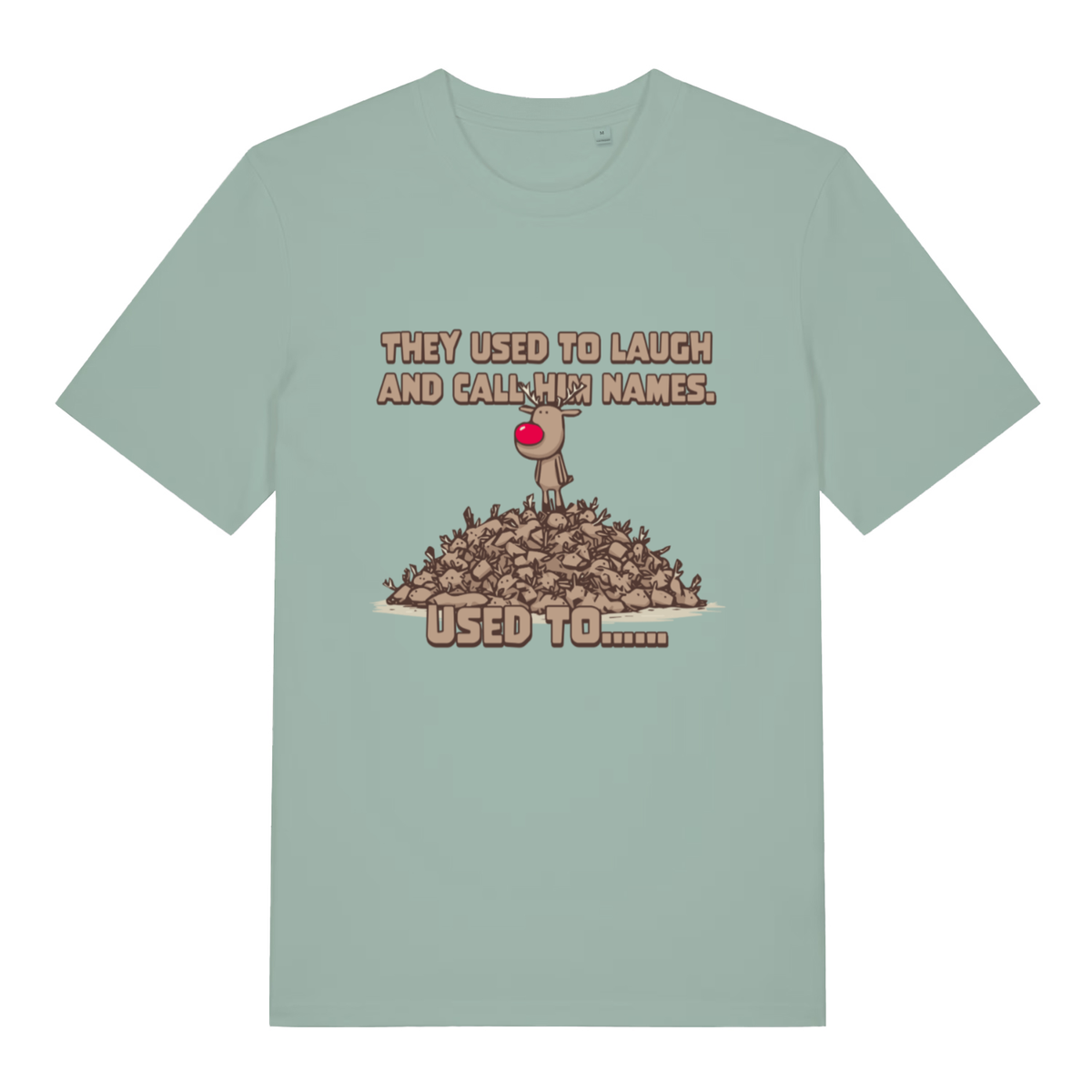 Aloe Used To Laugh women’s funny Christmas t-shirt with classic Rudolph pile of reindeer design  