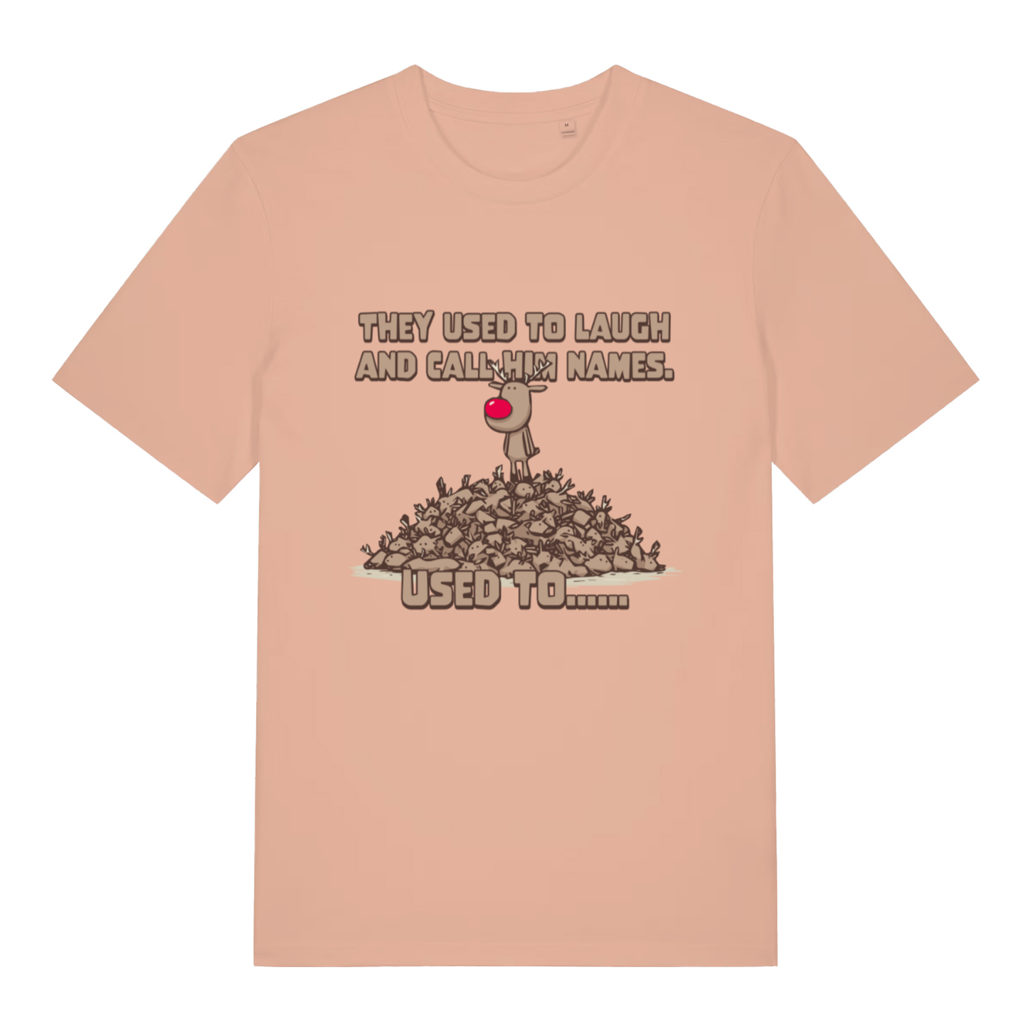 Peach Used To Laugh women’s funny Christmas t-shirt featuring witty dark festive Rudolph print  