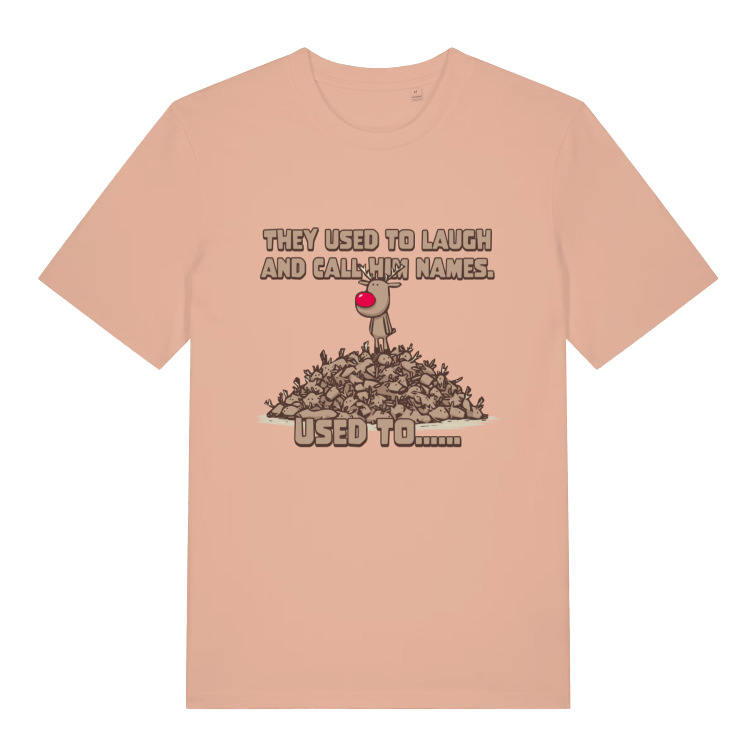 Peach Used To Laugh women’s funny Christmas t-shirt featuring witty dark festive Rudolph print  