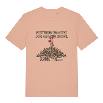 Peach Used To Laugh women’s funny Christmas t-shirt featuring witty dark festive Rudolph print  