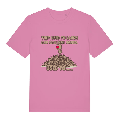 Pink Used To Laugh women’s funny Christmas t-shirt with bold they used to laugh graphic  