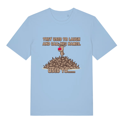 Sky blue Used To Laugh women’s funny Christmas t-shirt showing classic Rudolph standing on reindeer pile design  