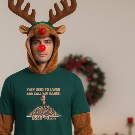 Person dressed as a reindeer wearing a dark humor reindeer green shirt and Christmas wreath in the background