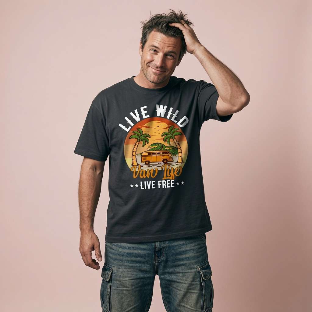 Man with one hand in his hair while wearing a black Live Wild Van Life Live Free t-shirt, retro camper van graphic mens shirt full of pure attitude