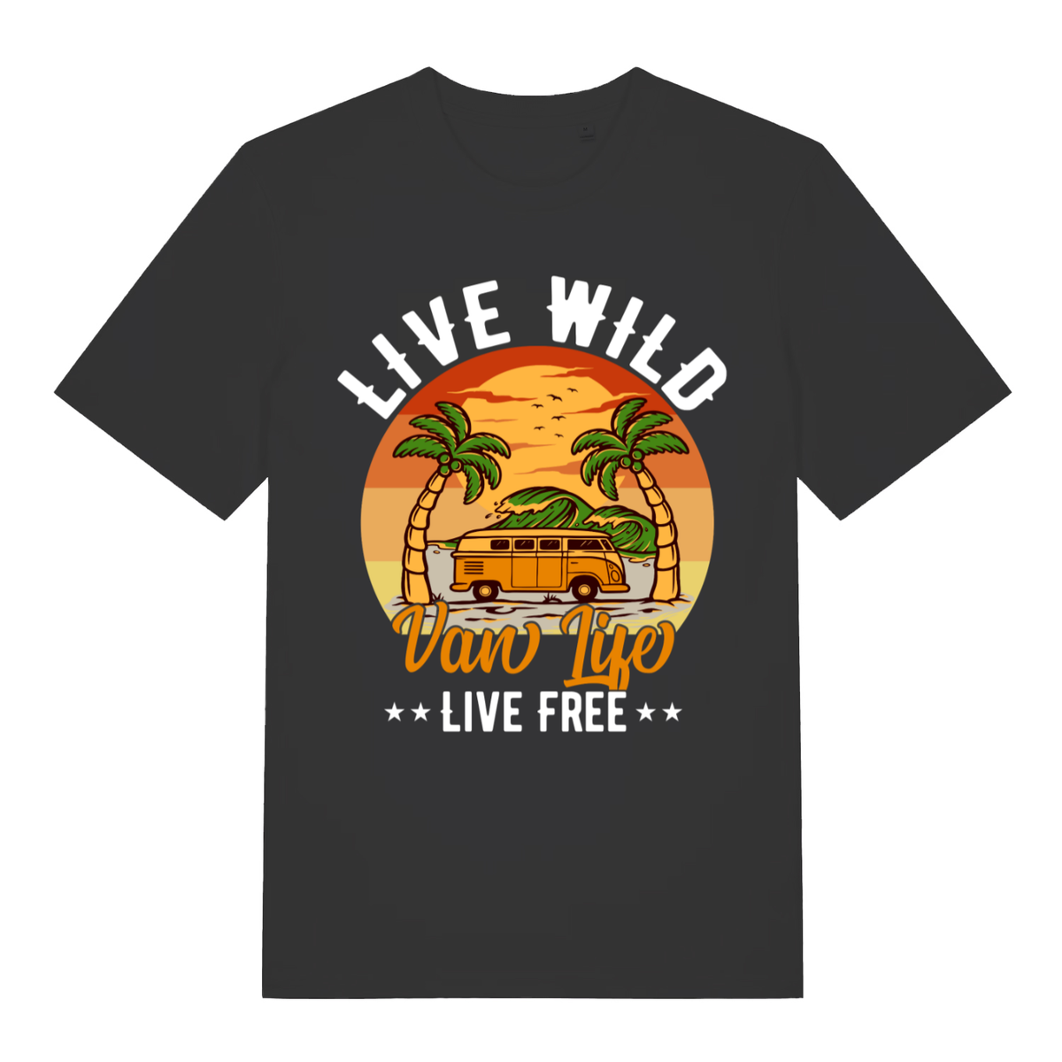 Black Van Life Wild men’s funny graphic t-shirt with classic retro camper van beach design  