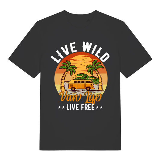 Black Van Life Wild men’s funny graphic t-shirt with classic retro camper van beach design  