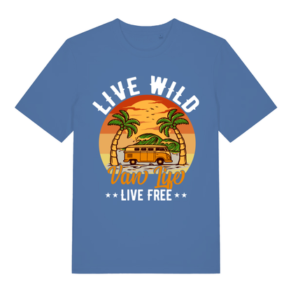 Blue Van Life Wild men’s funny graphic t-shirt featuring witty van life live free print  