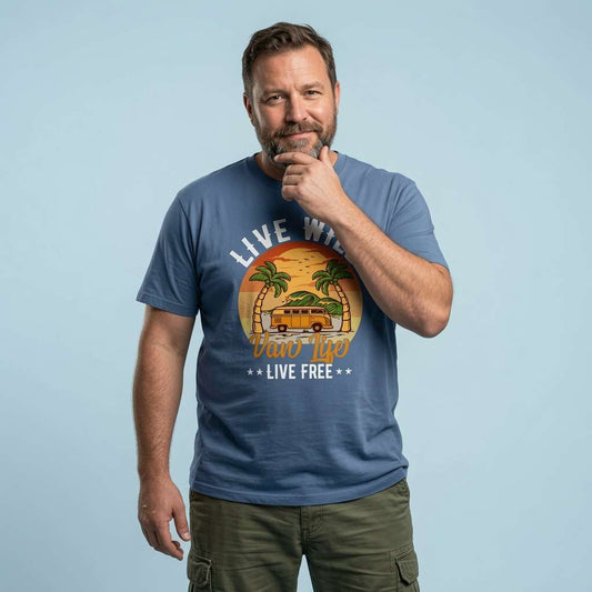 Man with one hand on his chin in a blue Live Wild Van Life Live Free t-shirt, camper van retro design mens tee that every cheeky lad will claim