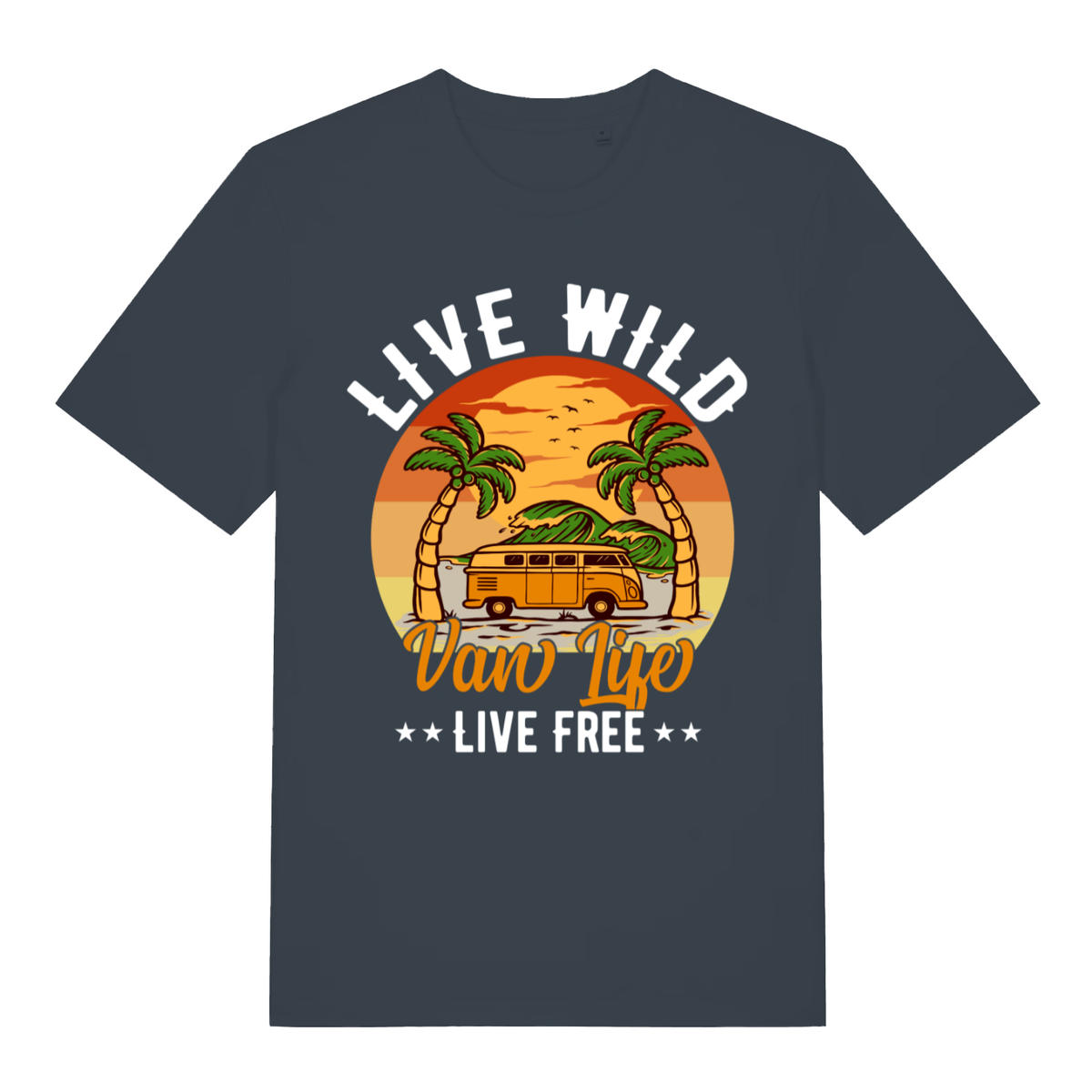 Ink grey Van Life Wild men’s funny graphic t-shirt showing classic retro camping van design  